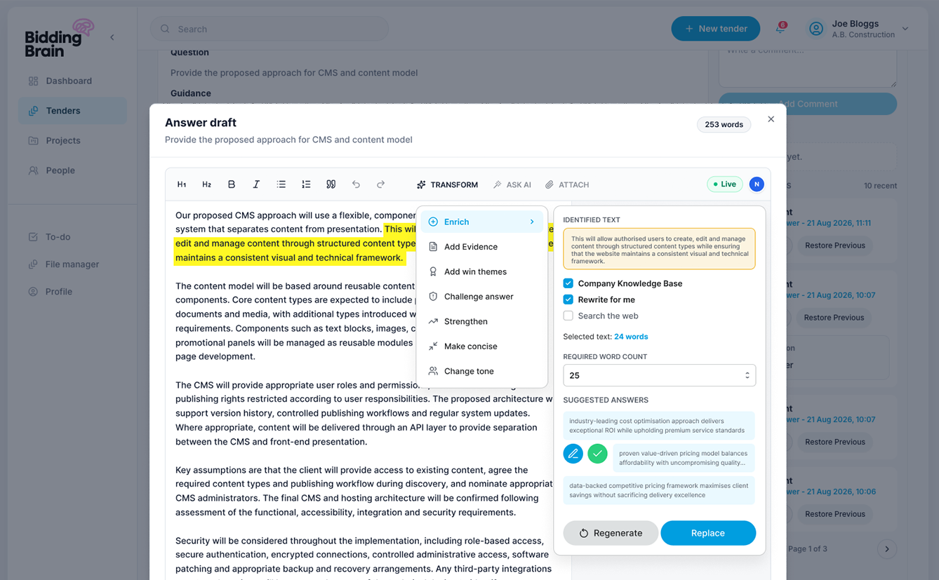 Bidding Brain Smart Assist improving a tender response